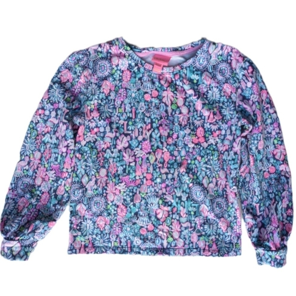 Lilly Pulitzer Mini Kamala Abstract Floral Crew Neck Sweatshirt Pink Blue sz 14